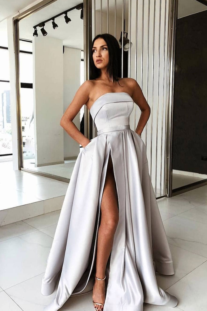 Simple gray satin long prom dress, gray evening dress