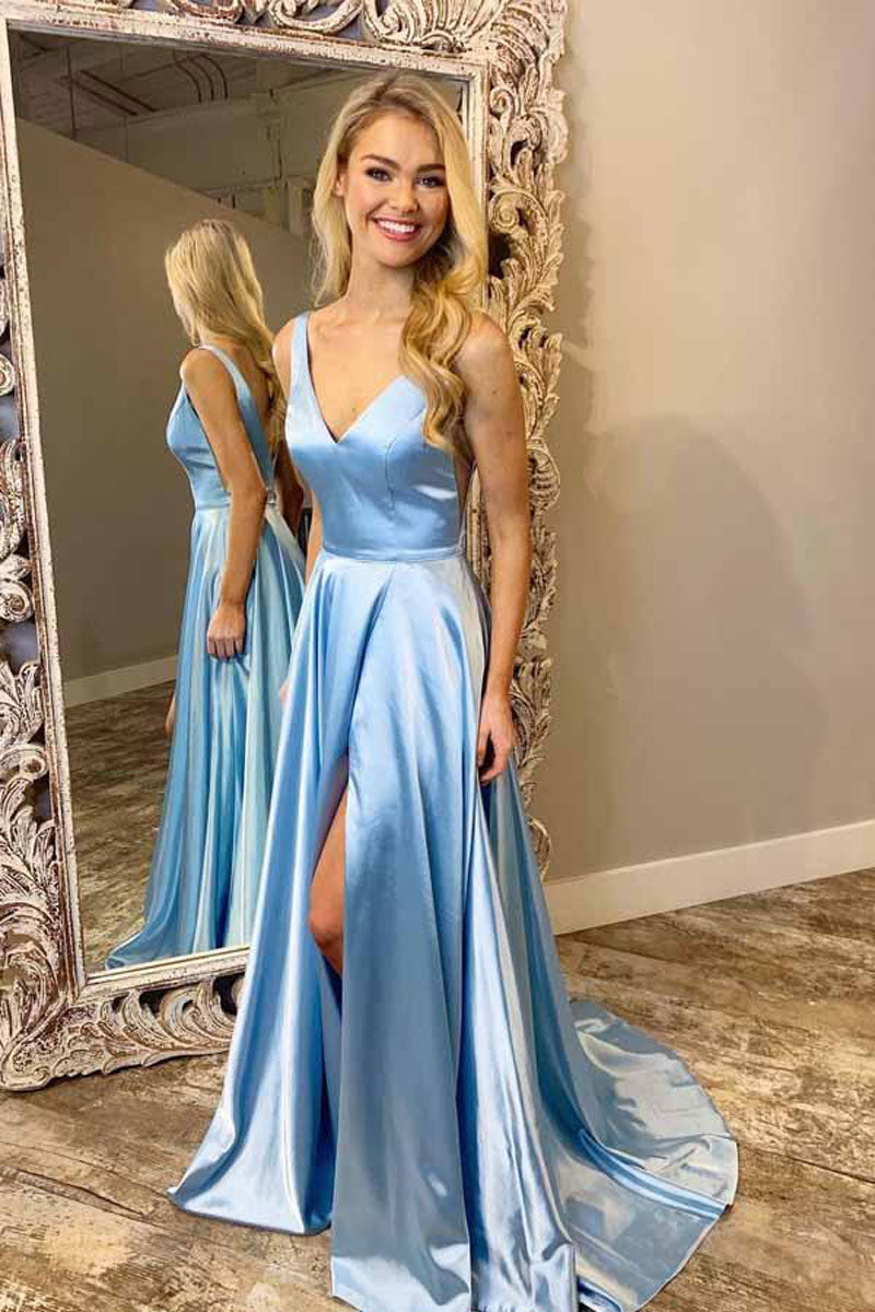 Simple blue v neck long prom dress, blue formal dress