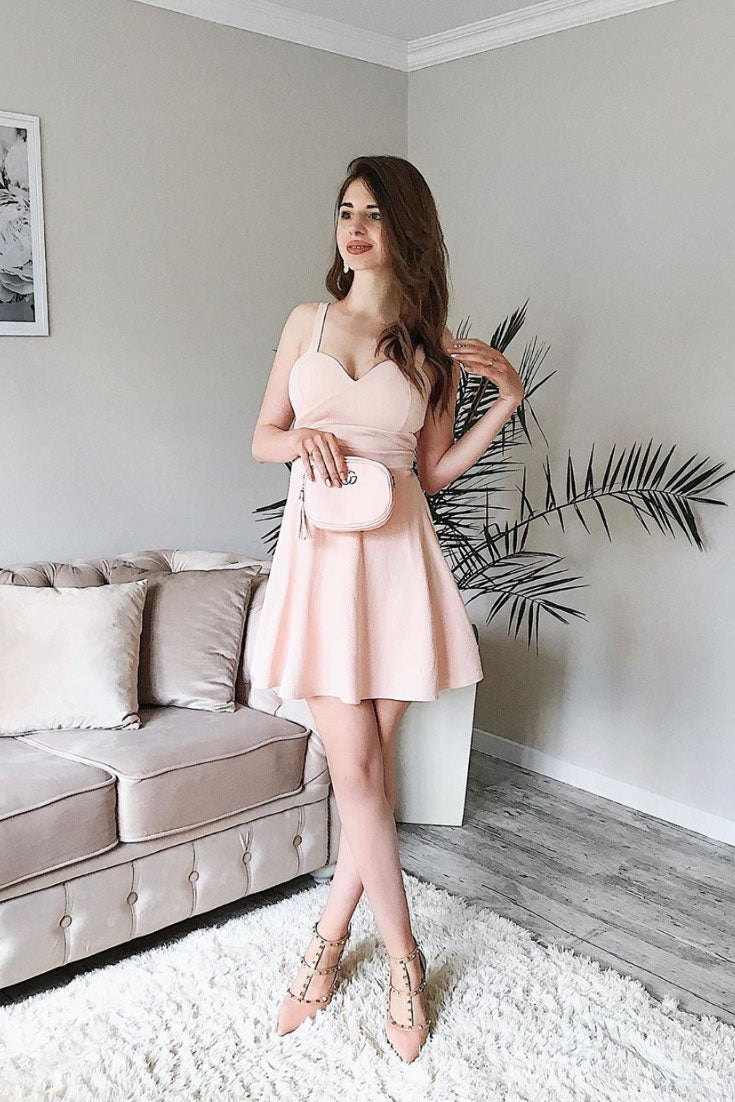 Simple chiffon pink short prom dress, pink bridesmaid dress