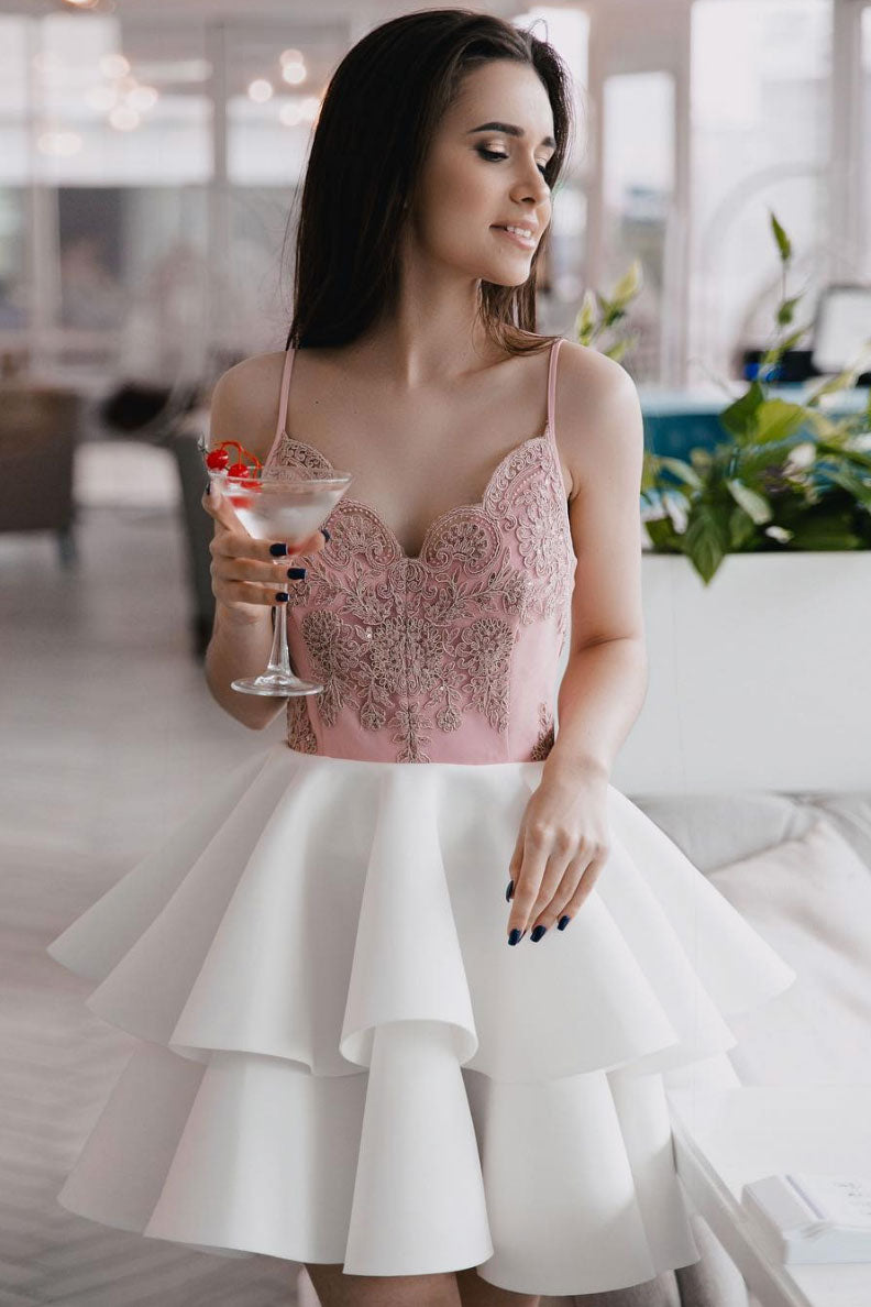 Cute white lace short prom dress, white homecoming dress