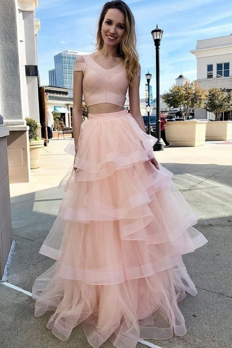Pink two pieces tulle long prom dress, pink evening dress