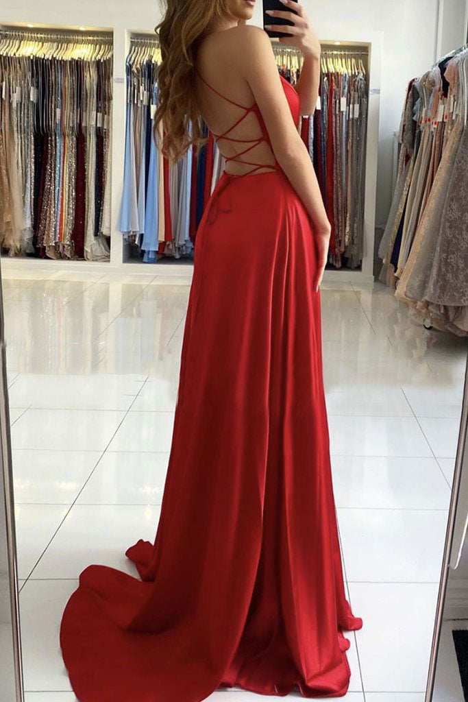 Simple red v neck satin long prom dress red evening dress shdress Simple red v neck satin long prom dress red evening dress shdress
