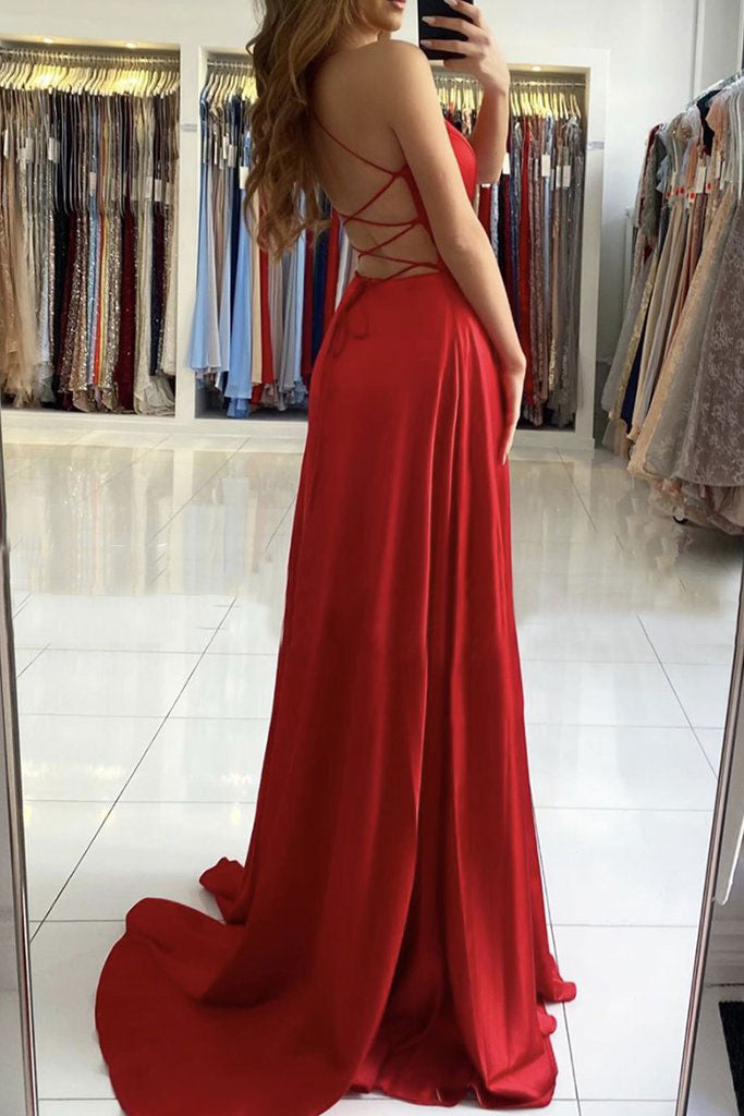 
                  
                    Simple red v neck satin long prom dress red evening dress
                  
                