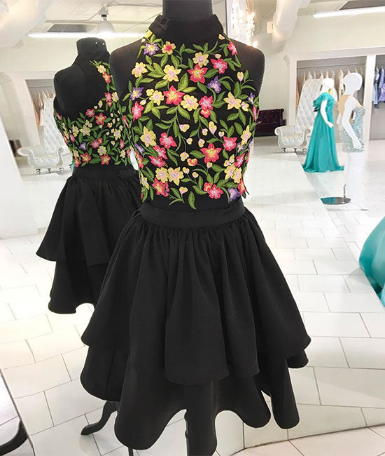 Black two pieces applique short prom dress, homecoming dress - shdress