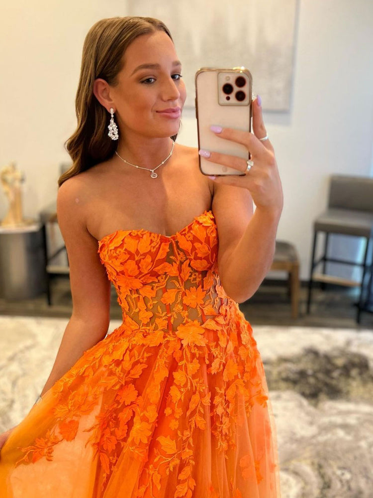 
                  
                    Orange tulle lace long prom dress, orange tulle formal evening dress
                  
                
