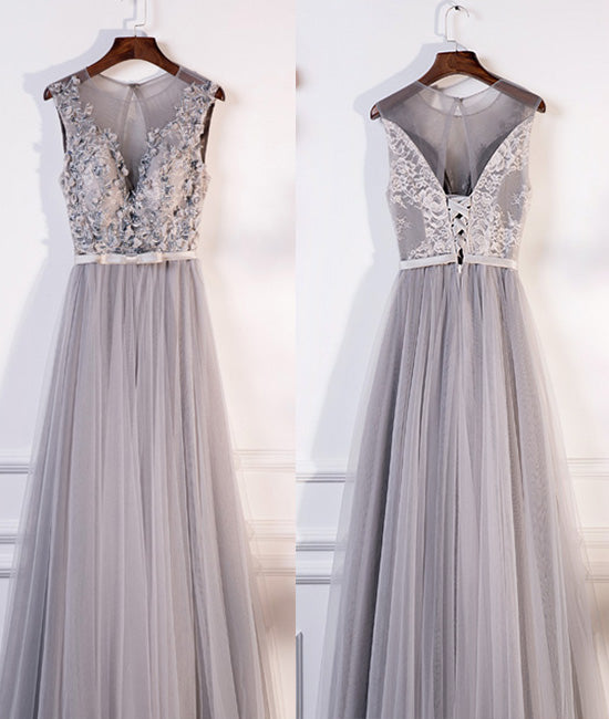 
                  
                    Gray round neck lace tulle long prom dress, gray evening dress - shdress
                  
                