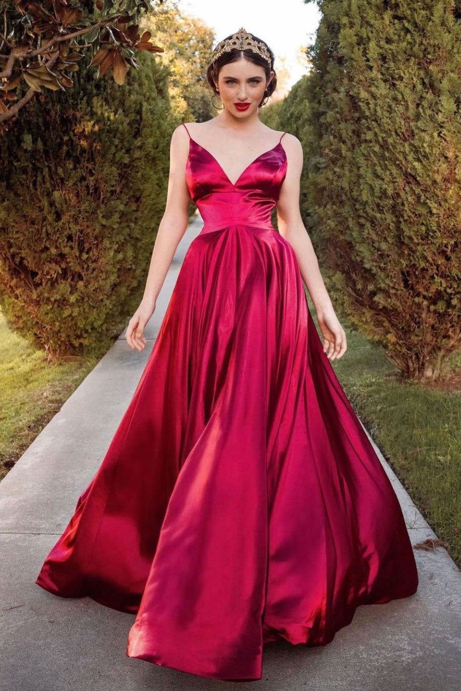 Simple v neck satin long prom dress, red evening dress