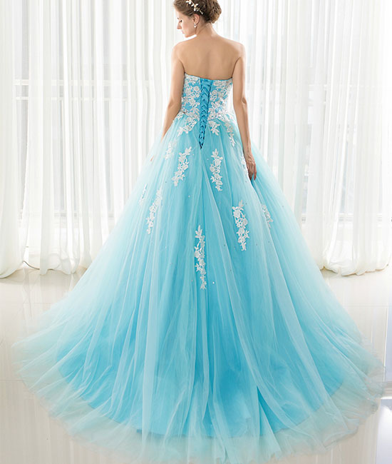 Blue sweetheart neck lace applique tulle long prom dress - shdress