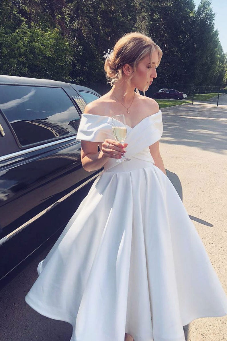 
                  
                    White off shoulder tea length prom dress white bridesmaid dress
                  
                