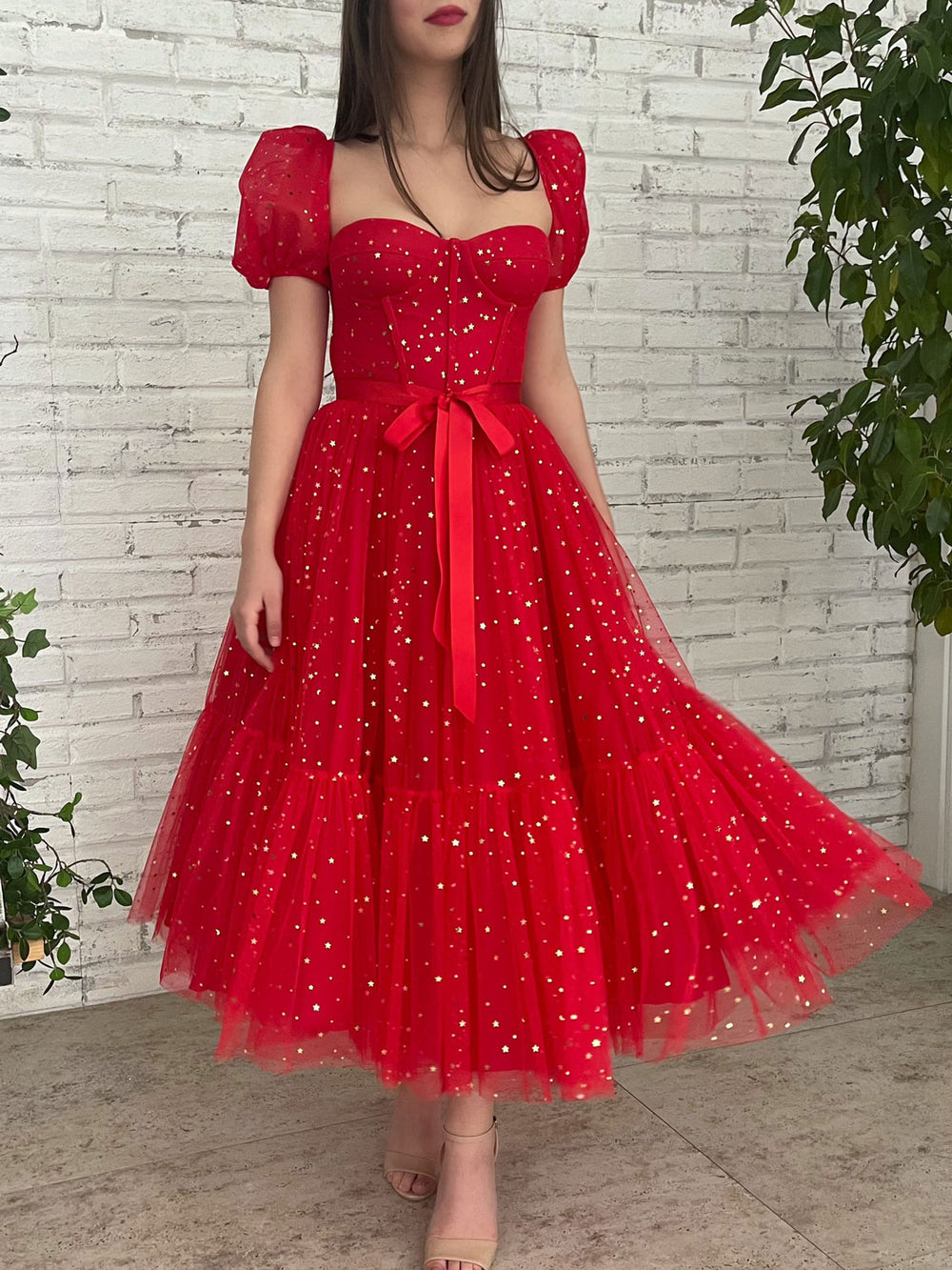 Red tulle tea length prom dress, red evening dress shdress Red tulle tea length prom dress, red evening dress shdress