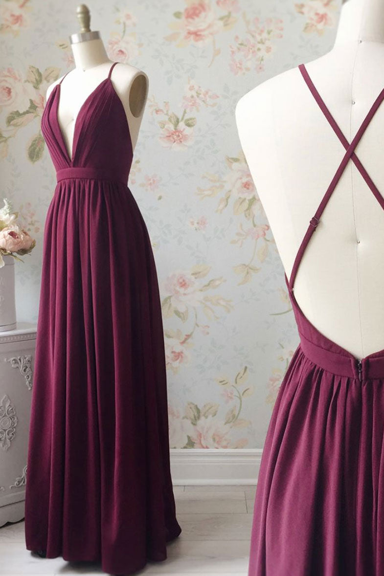 Burgundy chiffon long prom dress, burgundy evening dress