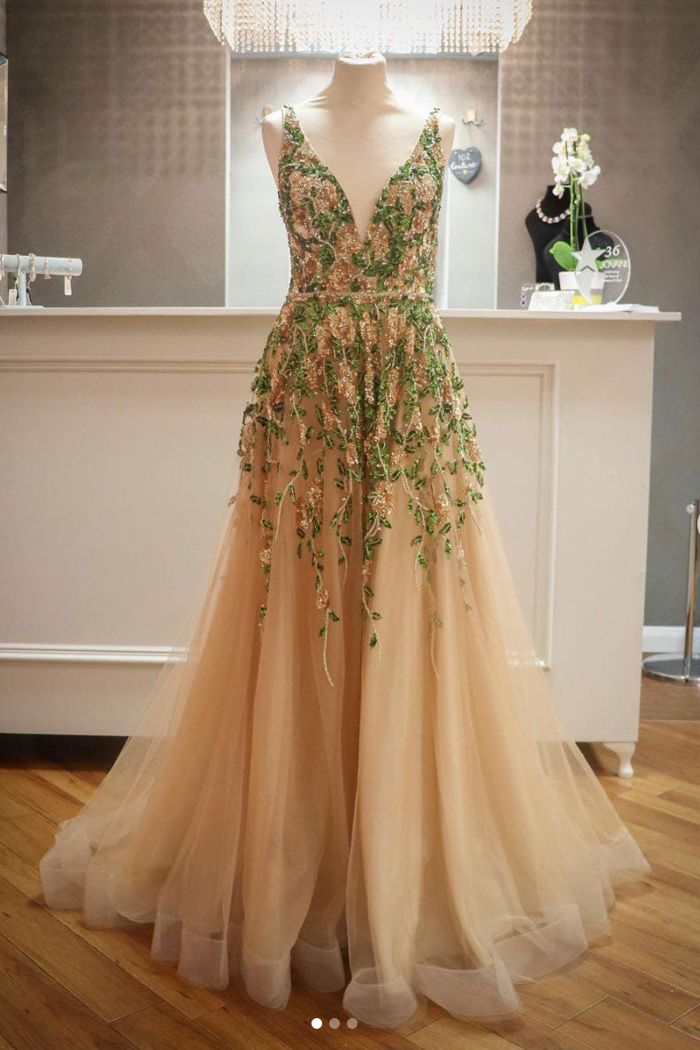 Champagne tulle beads sequin long prom dress, champagne evening dress