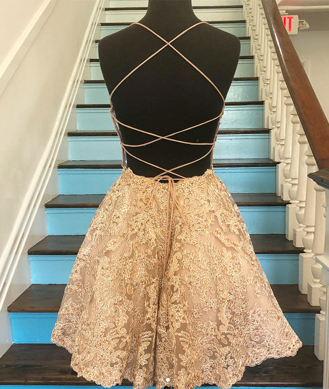 
                  
                    Champagne lace short prom dress, champagne lace homecoming dress - shdress
                  
                