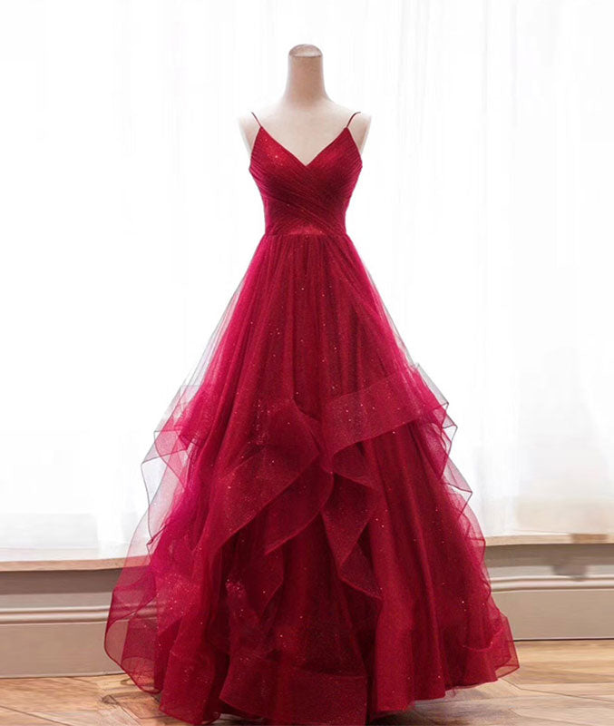 Burgundy v neck tulle long prom dress, burgundy evening dress