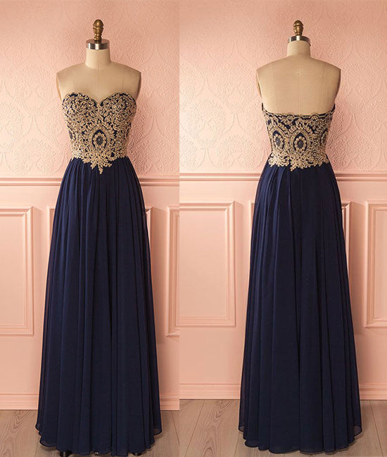 Sweetheart neck lace dark blue long prom dress, evening dress - shdress