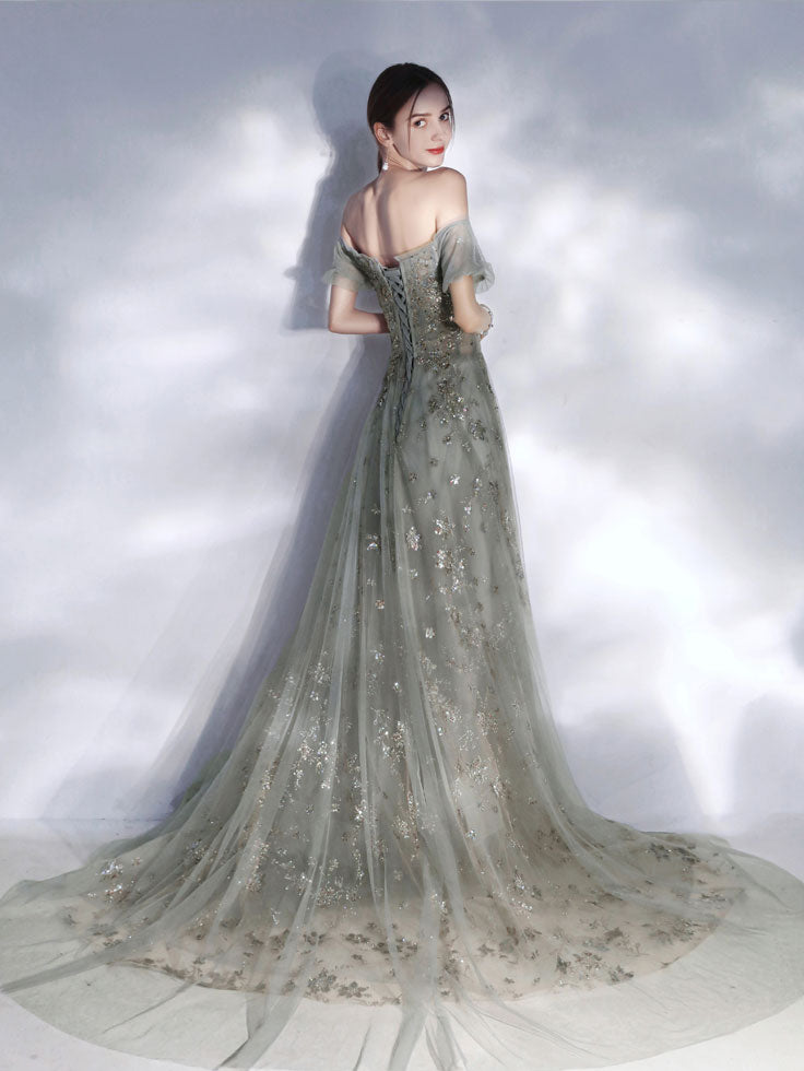 Gray tulle lace sequin long prom dress, gray tulle formal dress