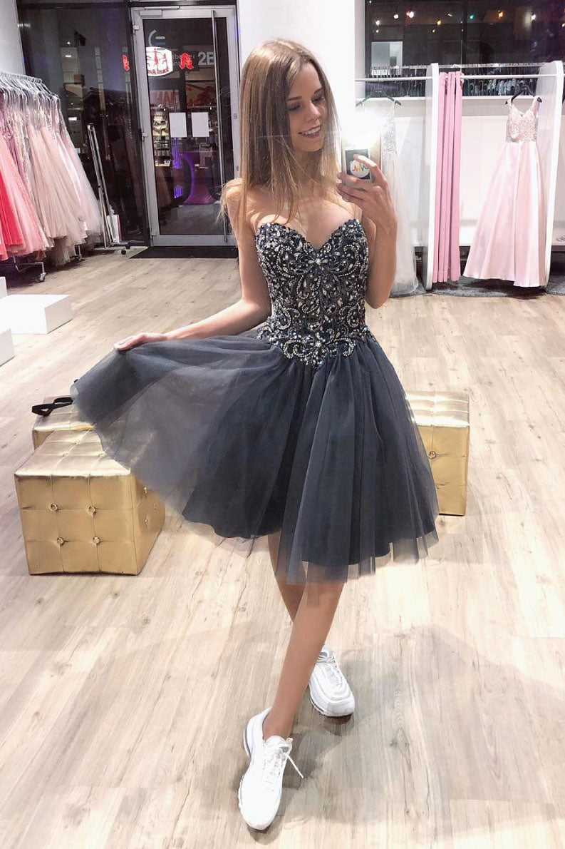 Gray sweetheart neck tulle beads short prom dress, homecoming dress
