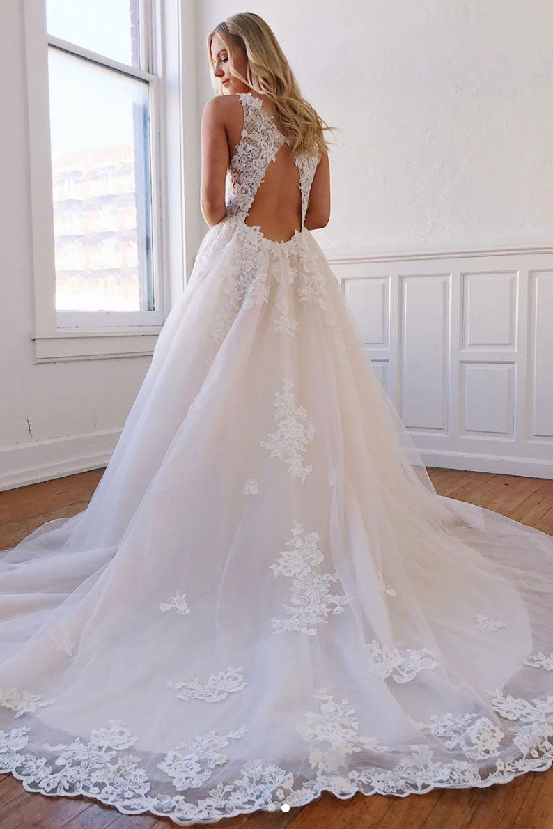 unique v neck tulle lace long prom dress, lace wedding dress