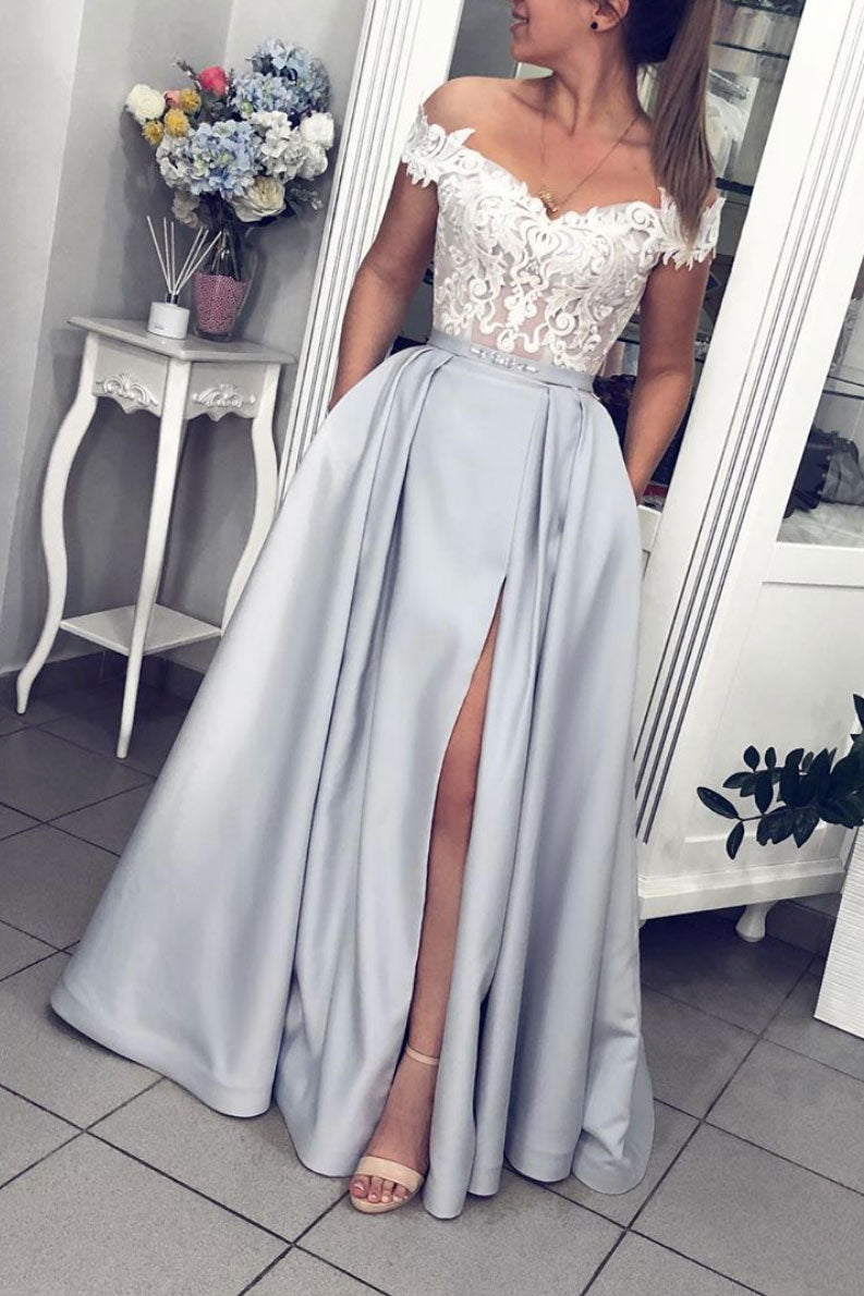 Gray lace off shoulder satin long prom dress gray lace evening dress