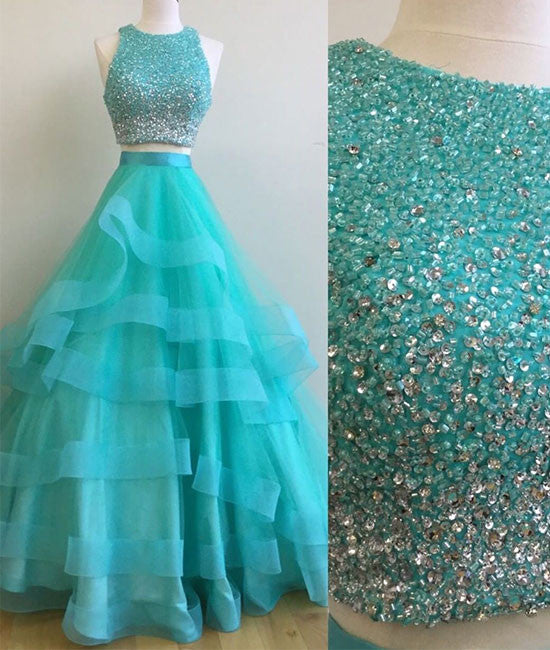 Green two pieces sequin long prom gown, green evening dress - shdress