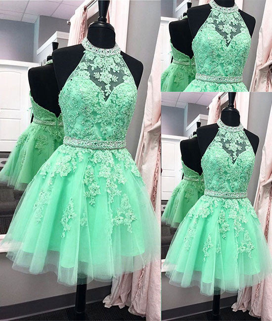 A-Line High Low Green Lace Short Prom Dress, Green Lace Homecoming Dre –  shopluu