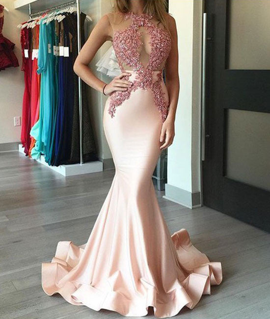Custom made light pink satin lace mermaid long prom dress, evening dress - shdress