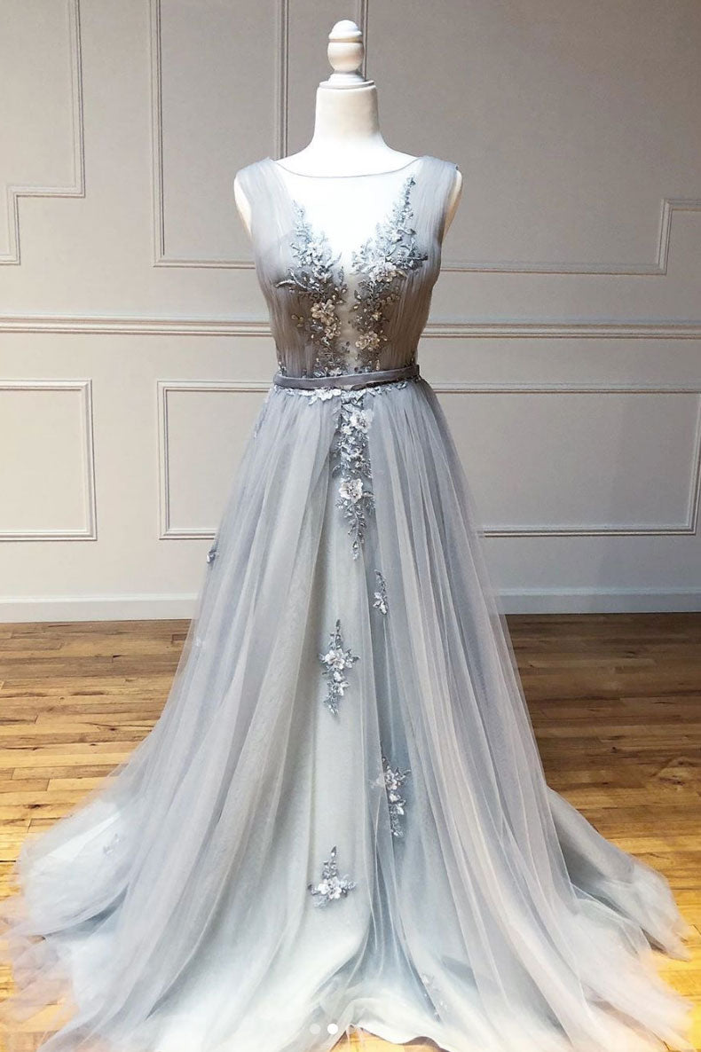
                  
                    Gray round neck tulle lace long prom dress gray lace evening dress
                  
                