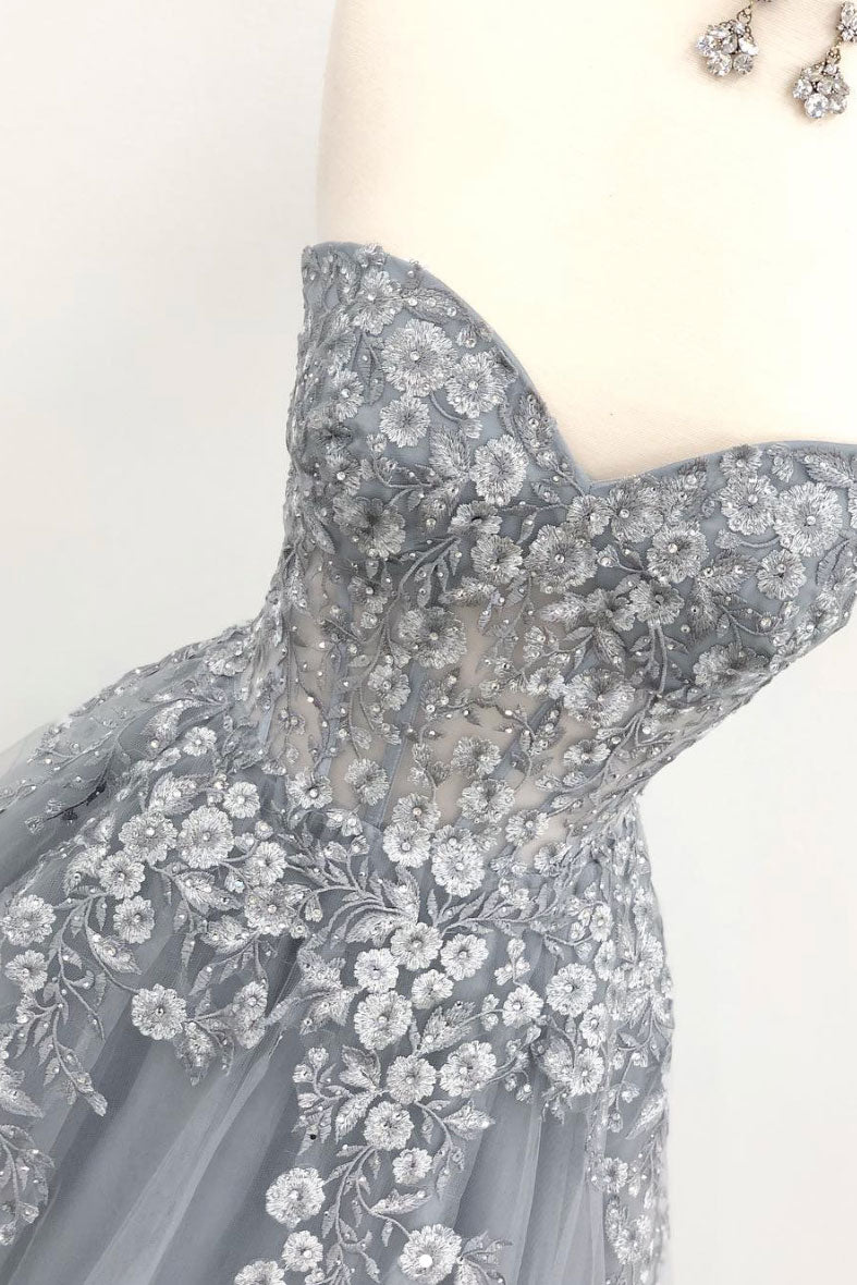 Gray tulle lace long prom dress, gray evening dress