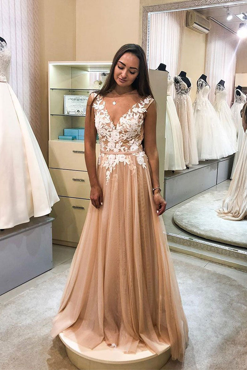 Champagne v neck tulle lace long prom dress, champagne evening dress