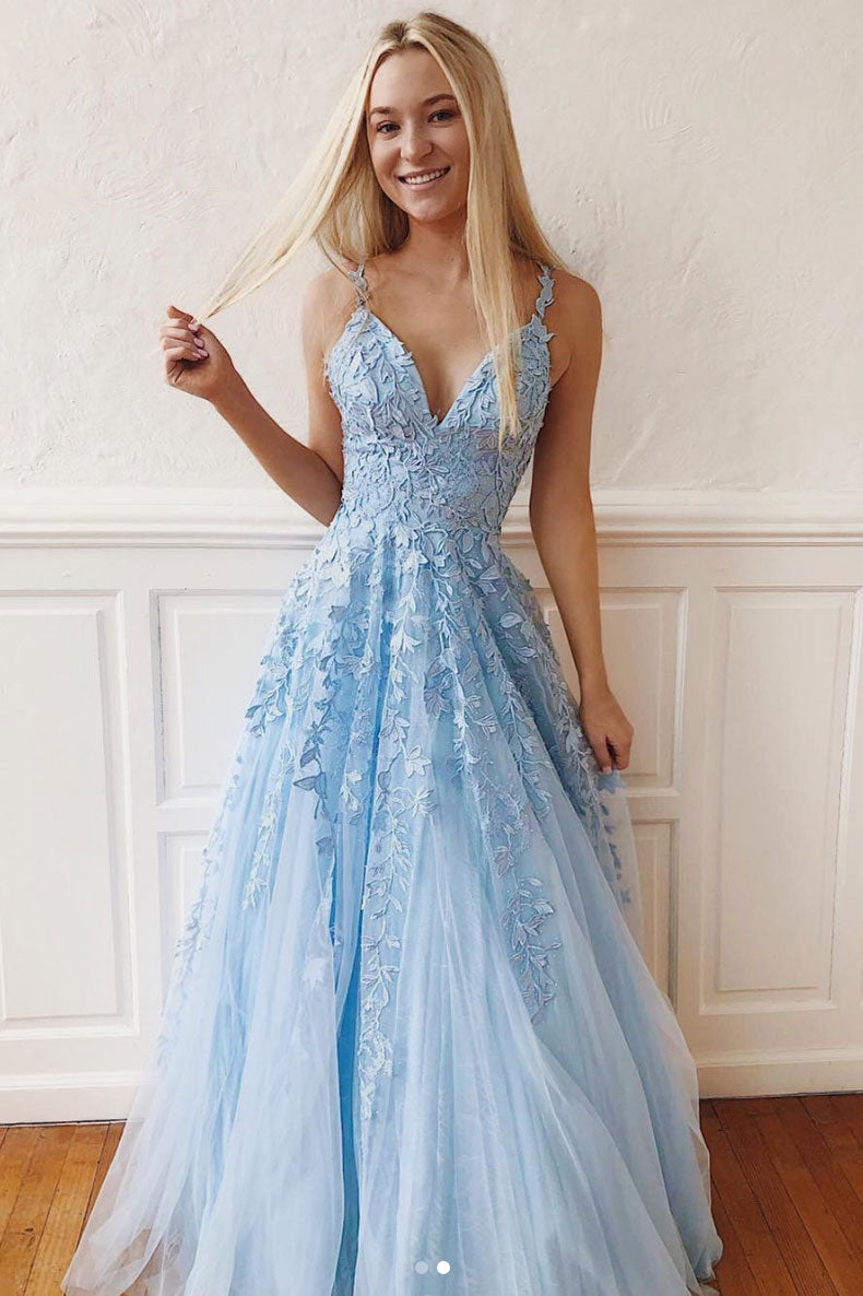 Blue v neck tulle lace long prom dress, blue tulle bridesmaid dress shdress Blue v neck tulle lace long prom dress, blue tulle bridesmaid dress shdress