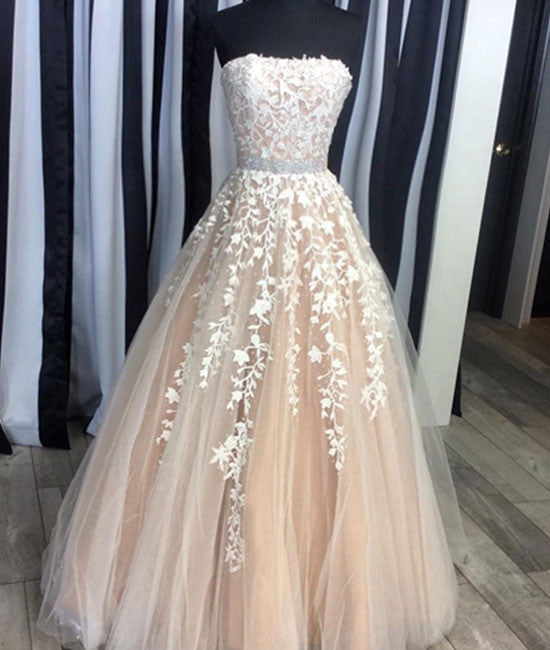 Champagne tulle lace long prom dress, evening dress - shdress