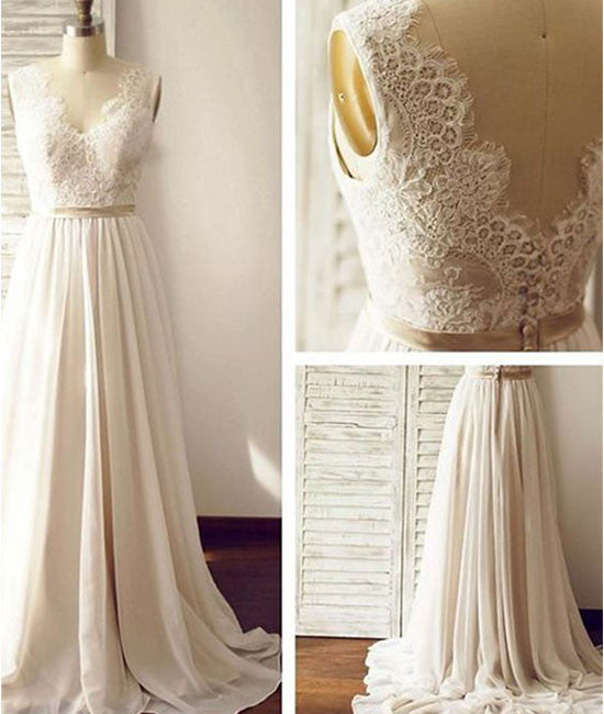 White A-line v neck chiffon lace long prom dress, bridesmaid dress - shdress