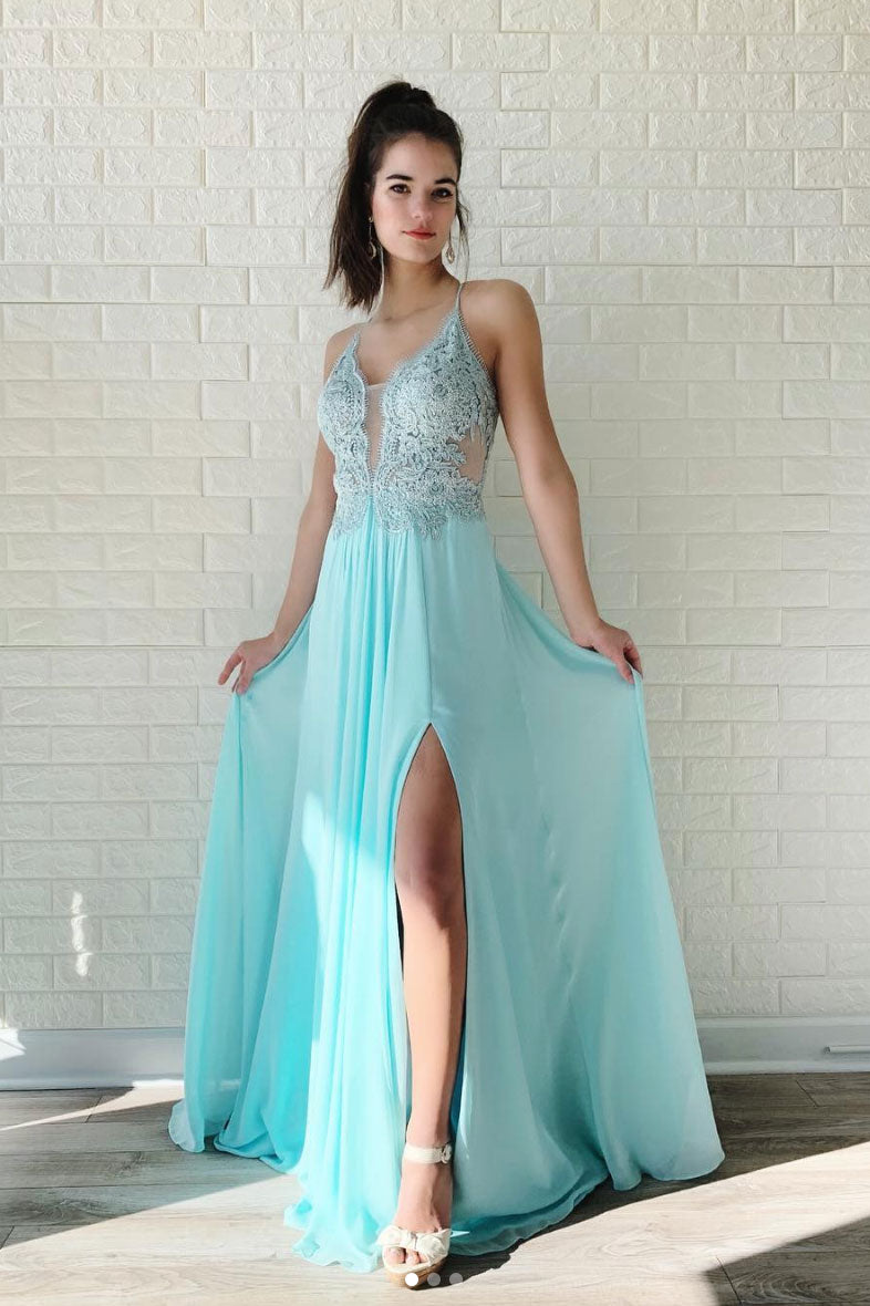 Blue lace chiffon long prom dress, lace evening dress