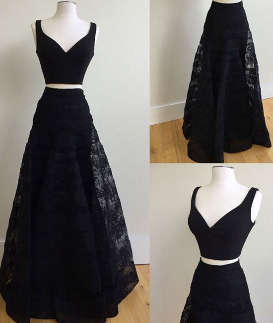 Cute black two pieces lace long prom dress, black evening dress - shdress