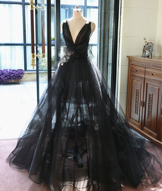 black v neck tulle long prom dress, black evening dress - shdress
