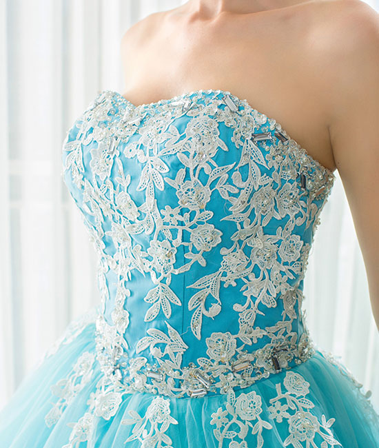 Blue sweetheart neck lace applique tulle long prom dress - shdress