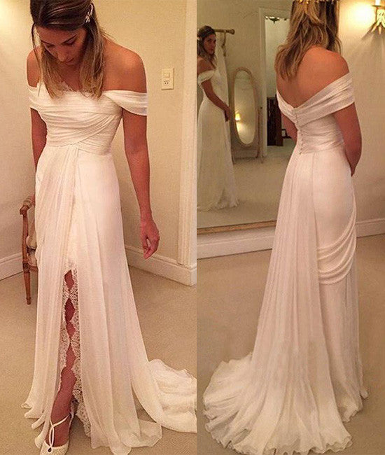 White off shoulder long prom dress, white evening dress - shdress