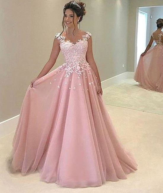 Cute Pink chiffon lace prom dress, pink evening dress - shdress