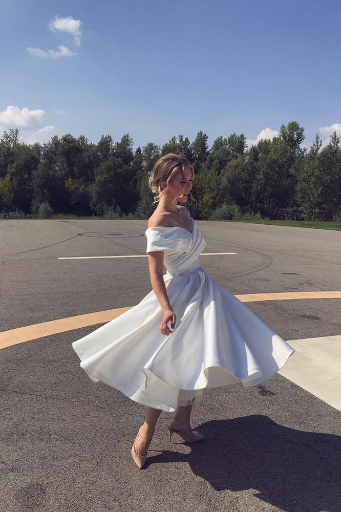 White off shoulder tea length prom dress white bridesmaid dress shdress White off shoulder tea length prom dress white bridesmaid dress shdress