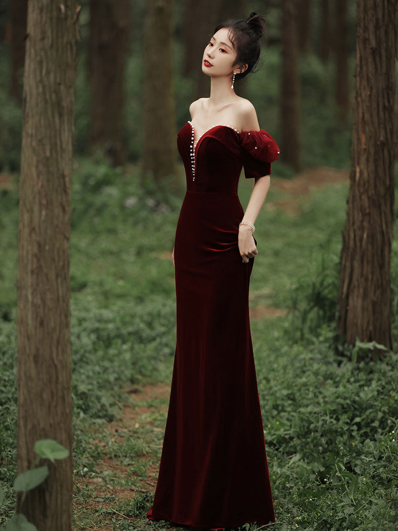 Simple burgundy velvet mermaid long prom dress, burgundy evening dress – shdress