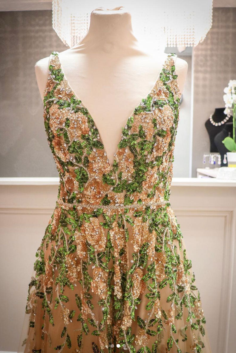Champagne tulle beads sequin long prom dress, champagne evening dress