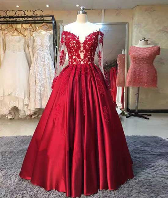 Red long sleeves lace long prom dress, red evening dress - shdress