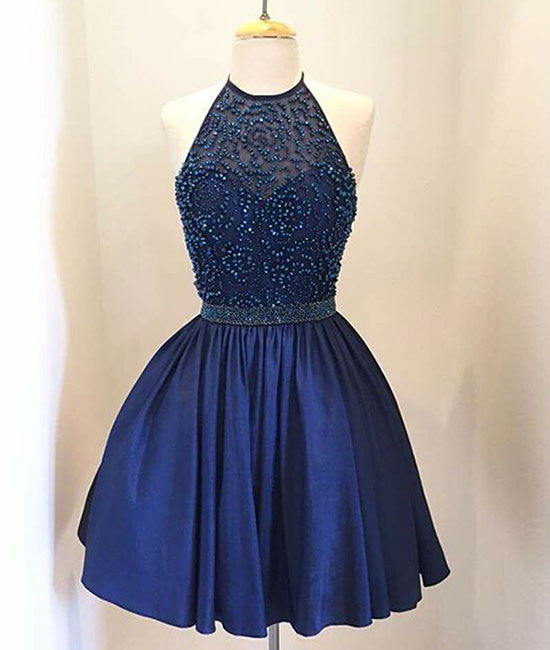 Dark blue beaded Short Prom Dress, Homecoming Dress - shdress