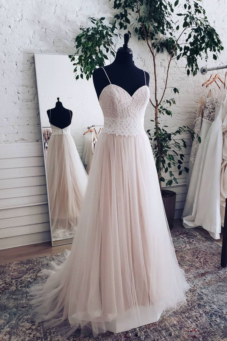Champagne tulle sweetheart lace long prom dress tulle formal dress