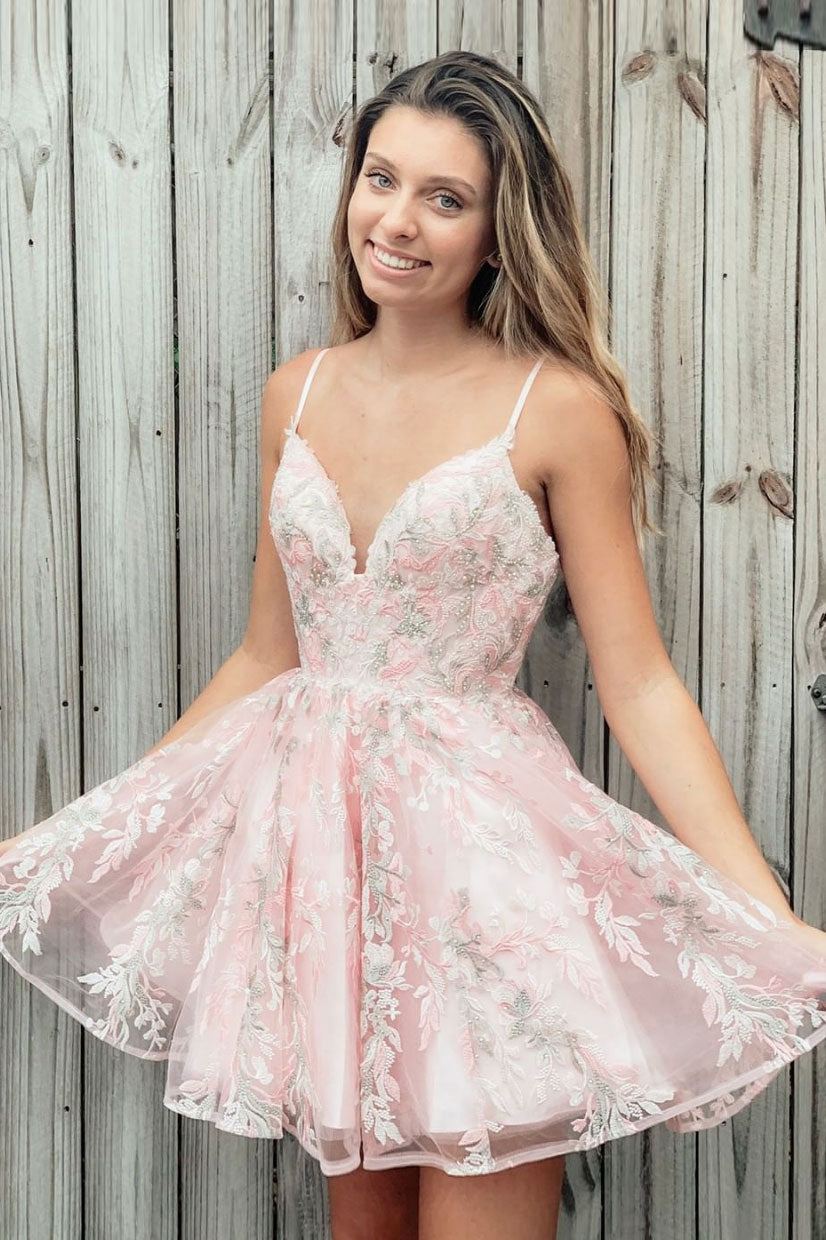 Pink sweetheart tulle lace short prom dress pink homecoming dress