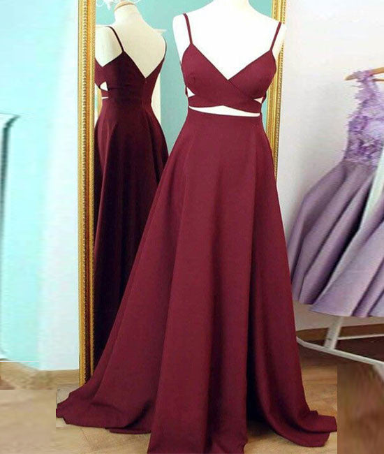 Simple v neck burgundy long prom dress, burgundy evening dress - shdress