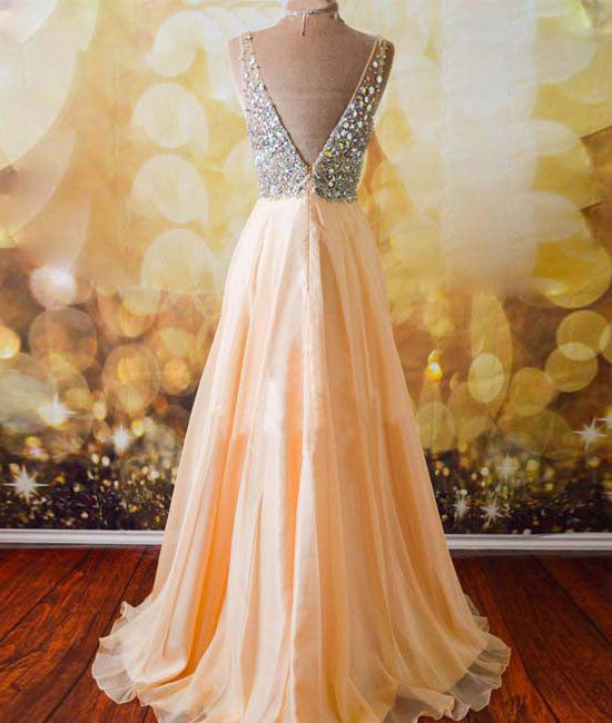 
                  
                    Champagne A-line  v neck Chiffon Long Prom Dress, Formal Dresses - shdress
                  
                