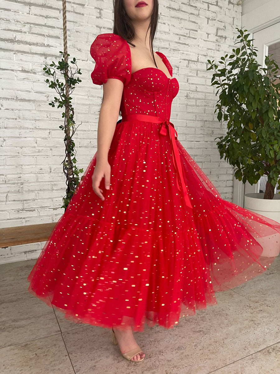 Red tulle tea length prom dress, red evening dress Red tulle tea length prom dress, red evening dress