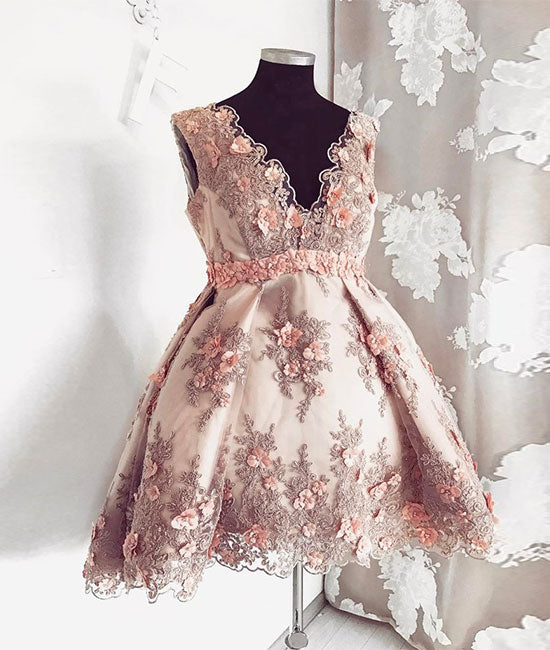 Pink v neck lace short prom dress, pink homecoming dress - shdress