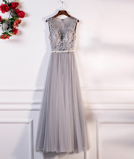 
                  
                    Gray round neck lace tulle long prom dress, gray evening dress - shdress
                  
                